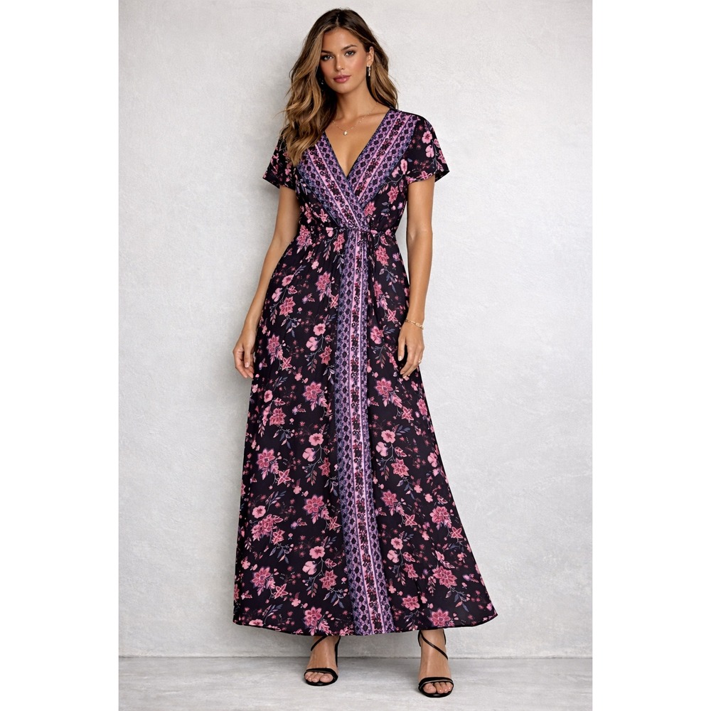 Bongo Floral Maxi Dress‎ Womens L Black Pink Boho Y2K Festival Whimsical Fairy
